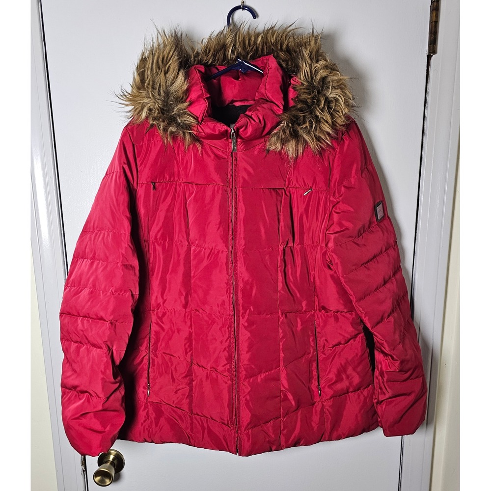 Calvin Klein Womens Red Faux Fur Trim Hooded Down Puffer Jacket Coat Size XL